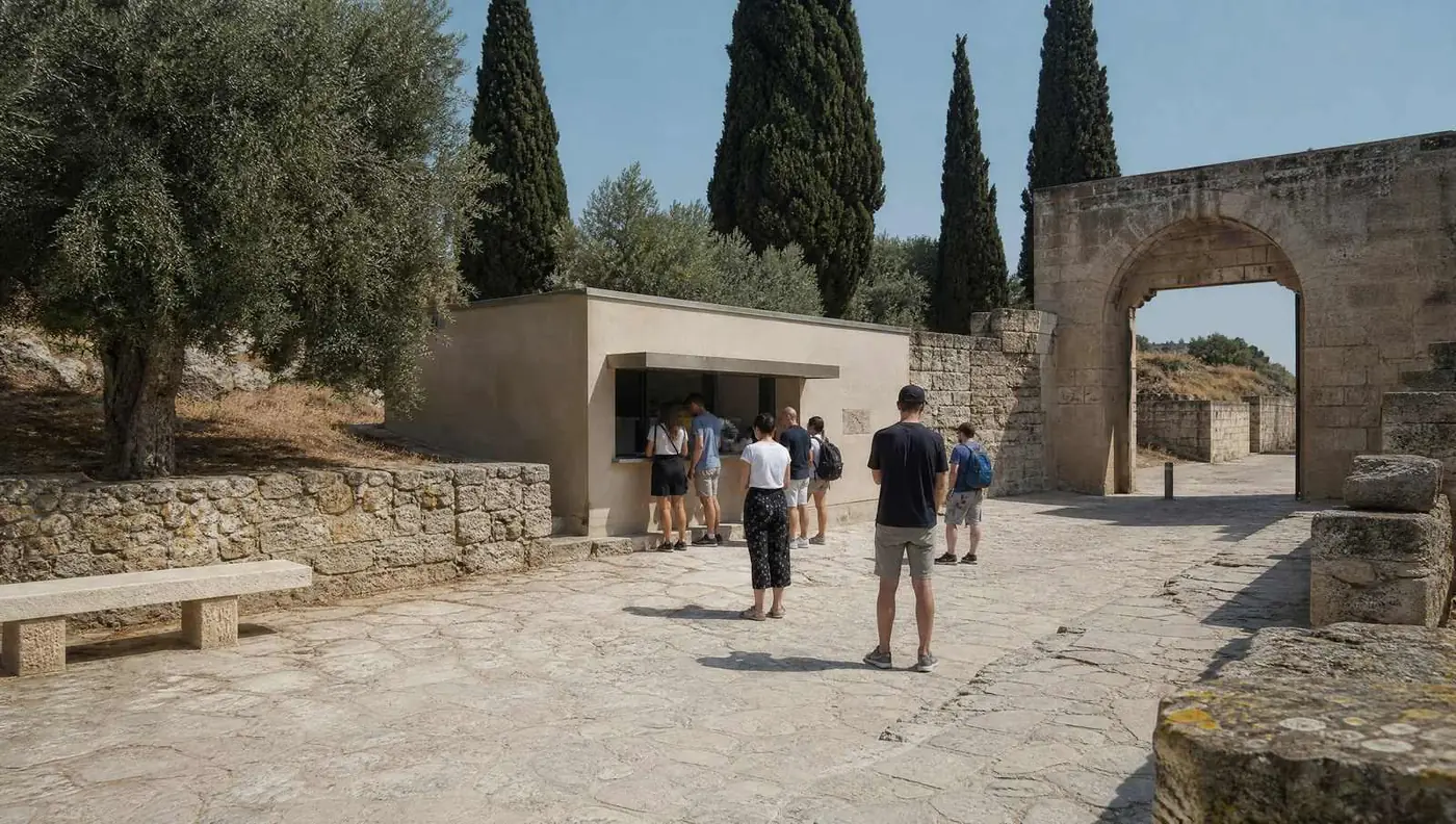 Visitors at a small ticket window beside a stone gateway