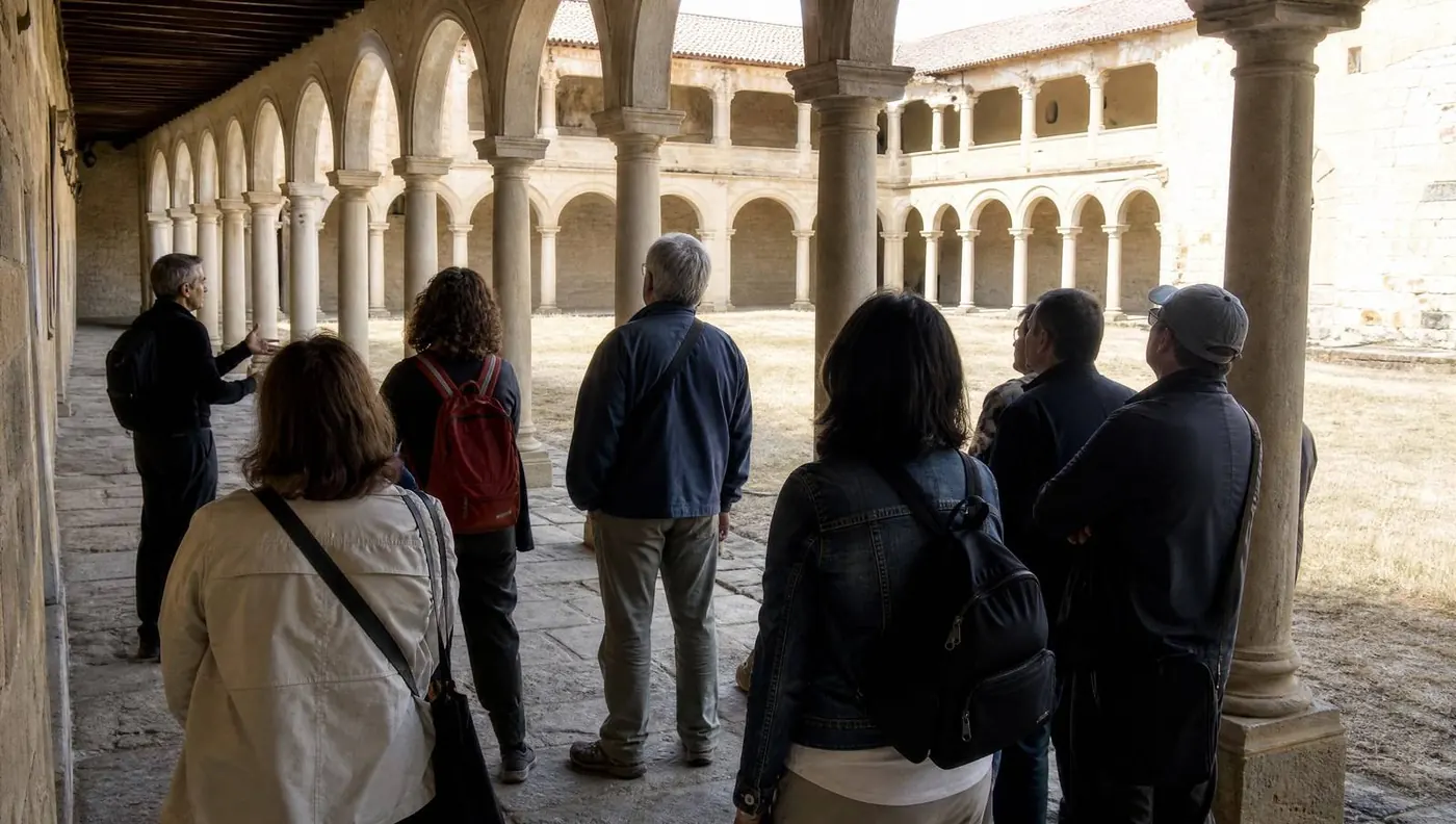 A guide talking to a small group under a two-storey cloister arcade